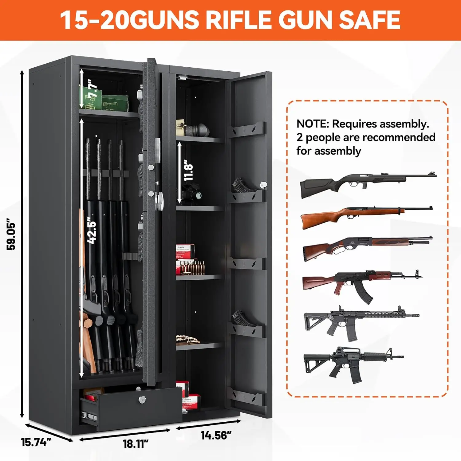 KAER 15-20 Gun Safe,Gun Safes for Home Rifle and Pistols,Large Gun Safes for home and Shotgun, Large Gun Safes for home and Shot