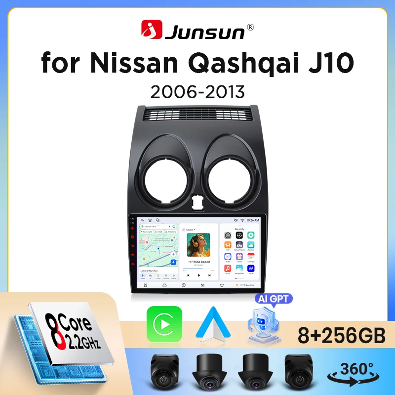 Autoradio sans fil Junsun CarPlay Android Auto pour Nissan Qashqai (J10) 2006-2013, ventilateur de refroidissement intégré, navigation GPS Android, lecteur multimédia, WiFi, DSP, RDS, BT, SWC, écran