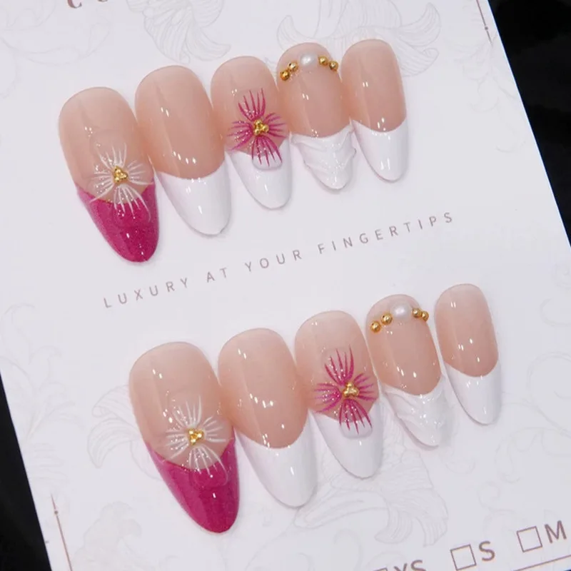 Magenta French 3D Flower Press On Nails,Vintage Gentle Medium Almond False Nails,Luxury Removable Reusable Popular Manicure Nail