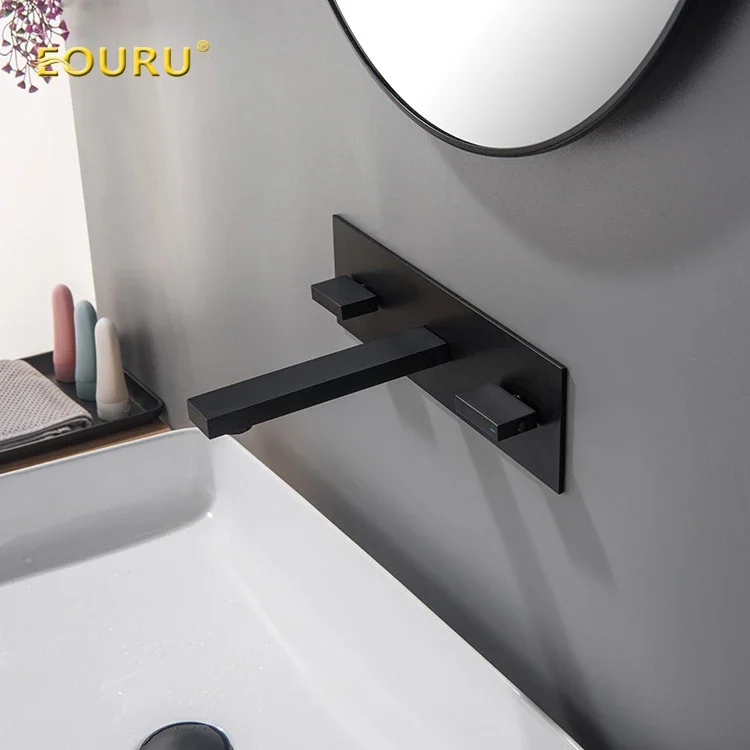 Double Handle Into The Wall Basin Faucet All Copper Casting Hot And Cold Double Control Bumb Black Hidden Embedded Faucet