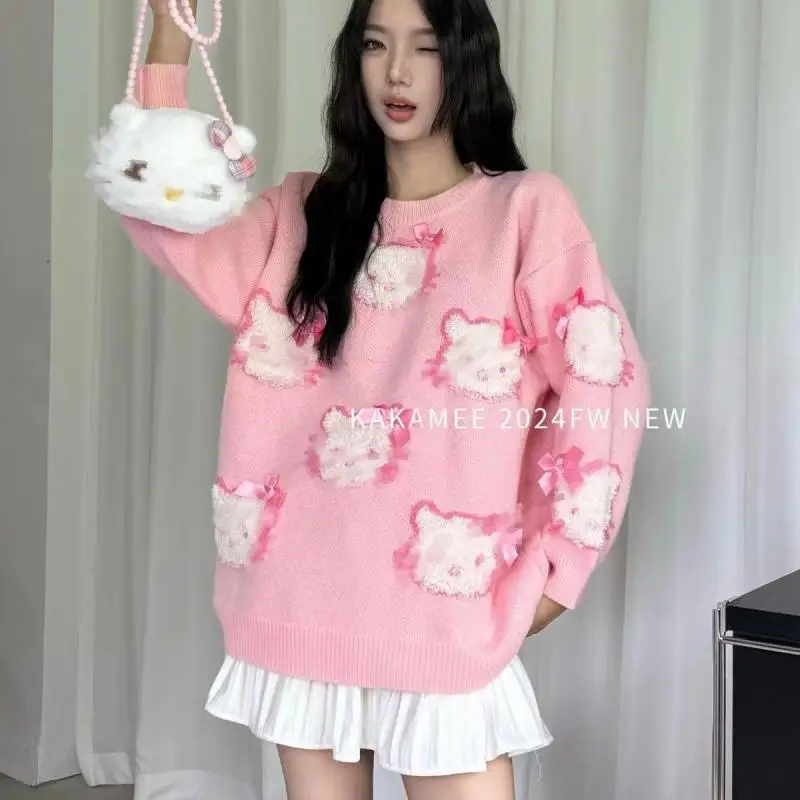 

Kawaii Sweet Hello Kittys Knitted Tops for Women Cartoon Pullover Versatile Knitting Loose Sweater Autumn Winter Women Clothing