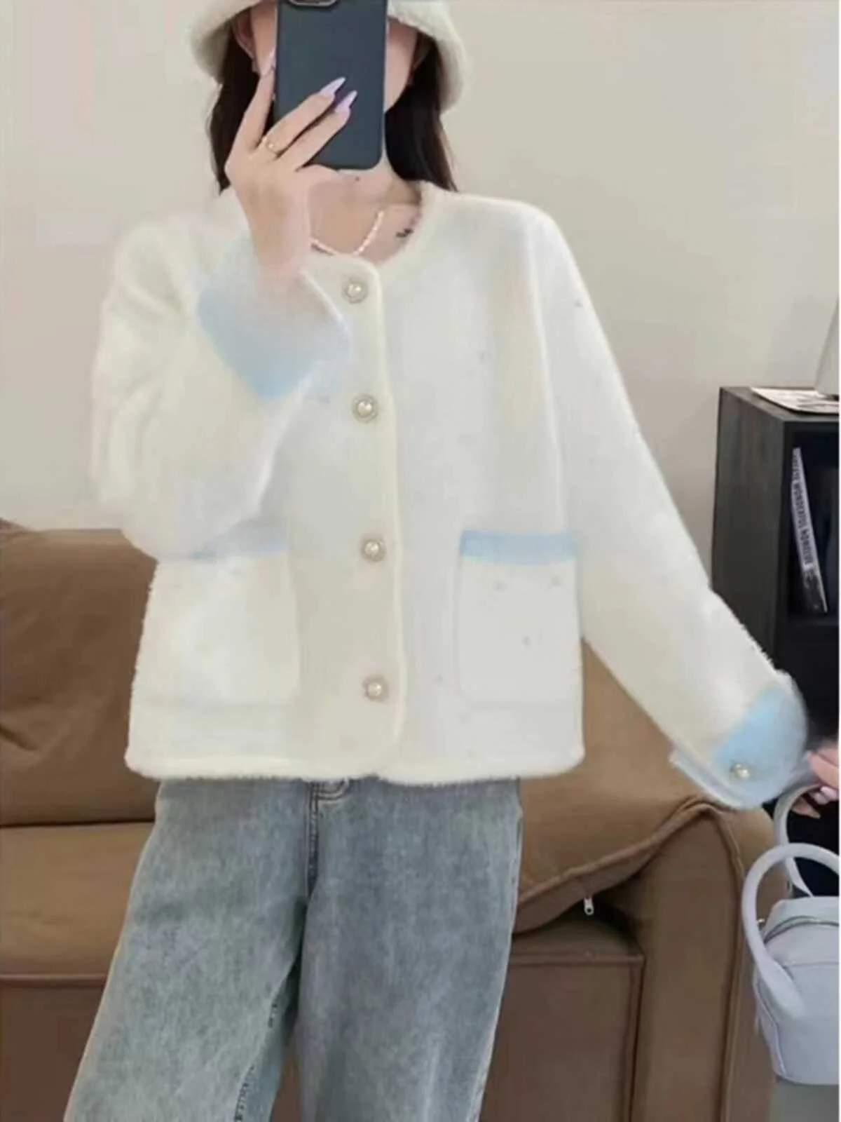 Modny kolorowy sweter z dzianiny Blo, damski płaszcz jesienno-zimowy, nowy, elegancki, zdobiony koralikami, puszysty kardigan z dzianiny Tr...