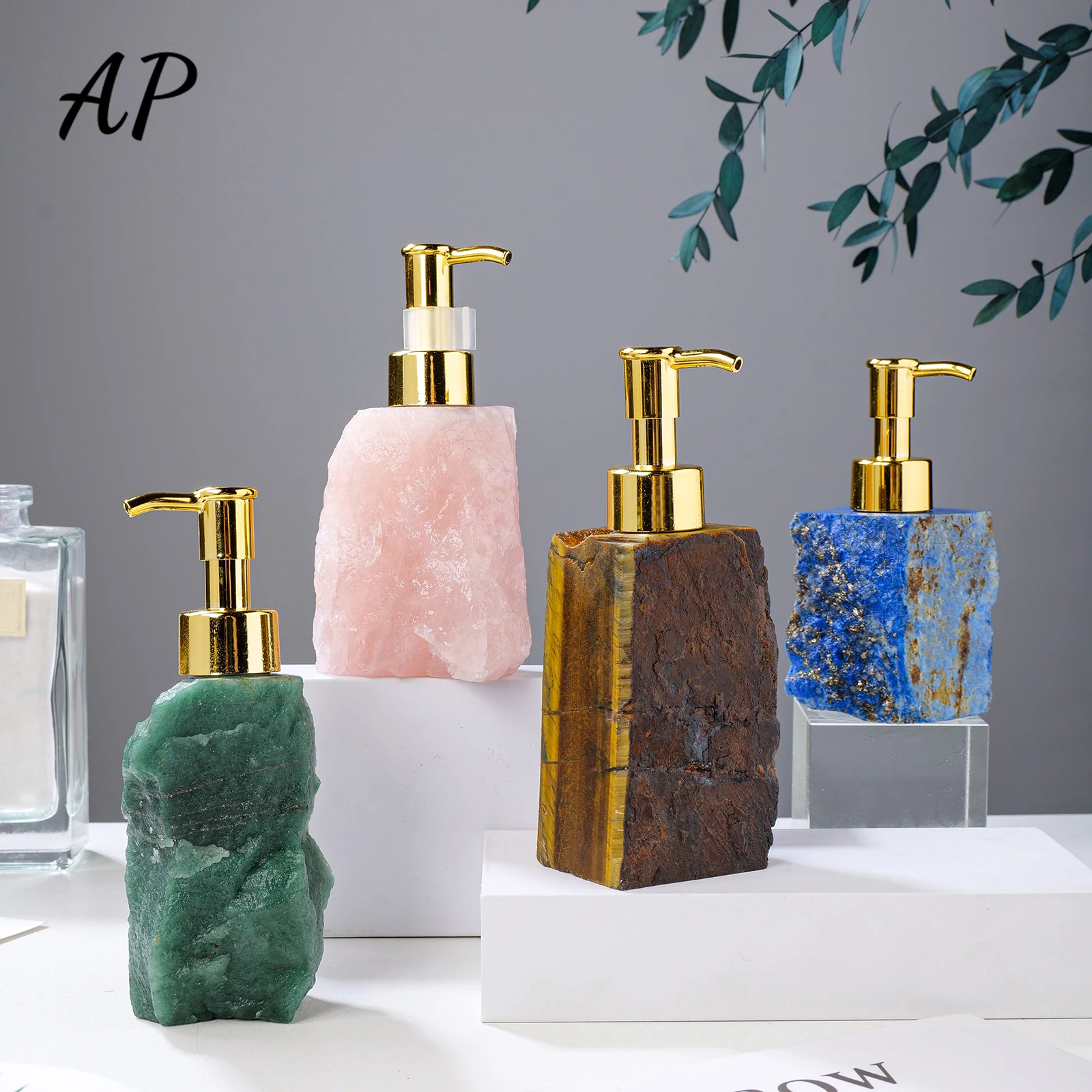 1PC Natural Crystal Raw Stone Rose Quartz Manual Soap Dispenser Healing Crystal Rough Gemstone Lotion Split Pressed Bottle