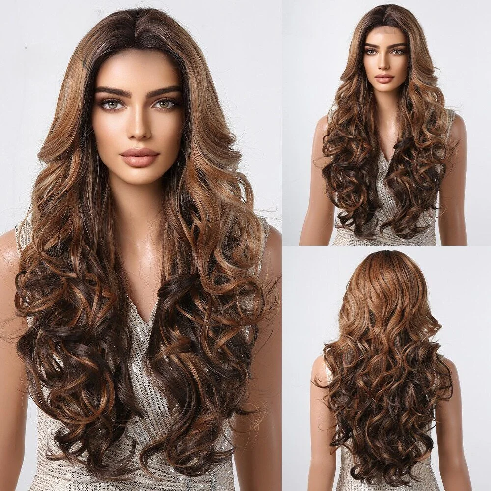 

Long Brown Highlight Synthetic Wig Natural Hairline Lace Front Wig Ombre Brown