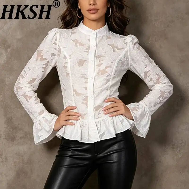 

HKSH Women Shirt Elegant Slim Jacquard Flare Sleeve Ruffles Patchwork Stand Collar Single Breasted Blouse Spring Autumn HK24864