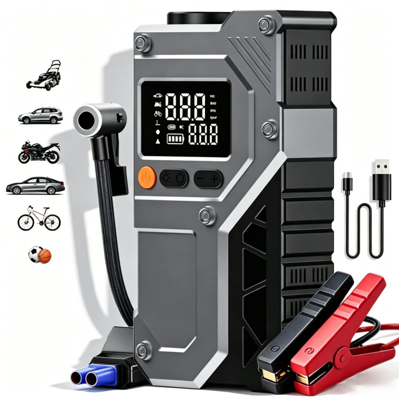 

12V Jump Starter Car Battery Booster Starting Device.Portable Jump Starter with 150PSI Air Compressor and LED Light.
