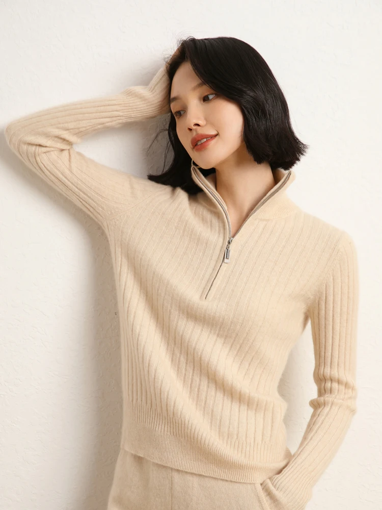 MEETCC nouveau femmes 100% cachemire mince pull pull col rabattu doux chaud tricots automne hiver demi fermeture éclair pulls