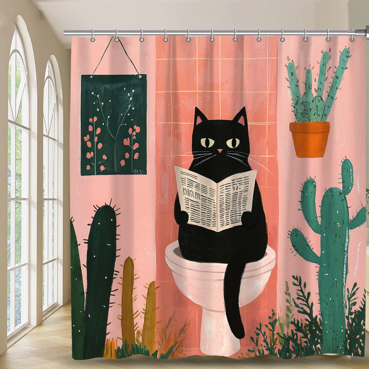 Cute Black Cat Reading Book Bathroom Shower Curtain Boho Tropical Cactus Nursery Decor Shower Curtain