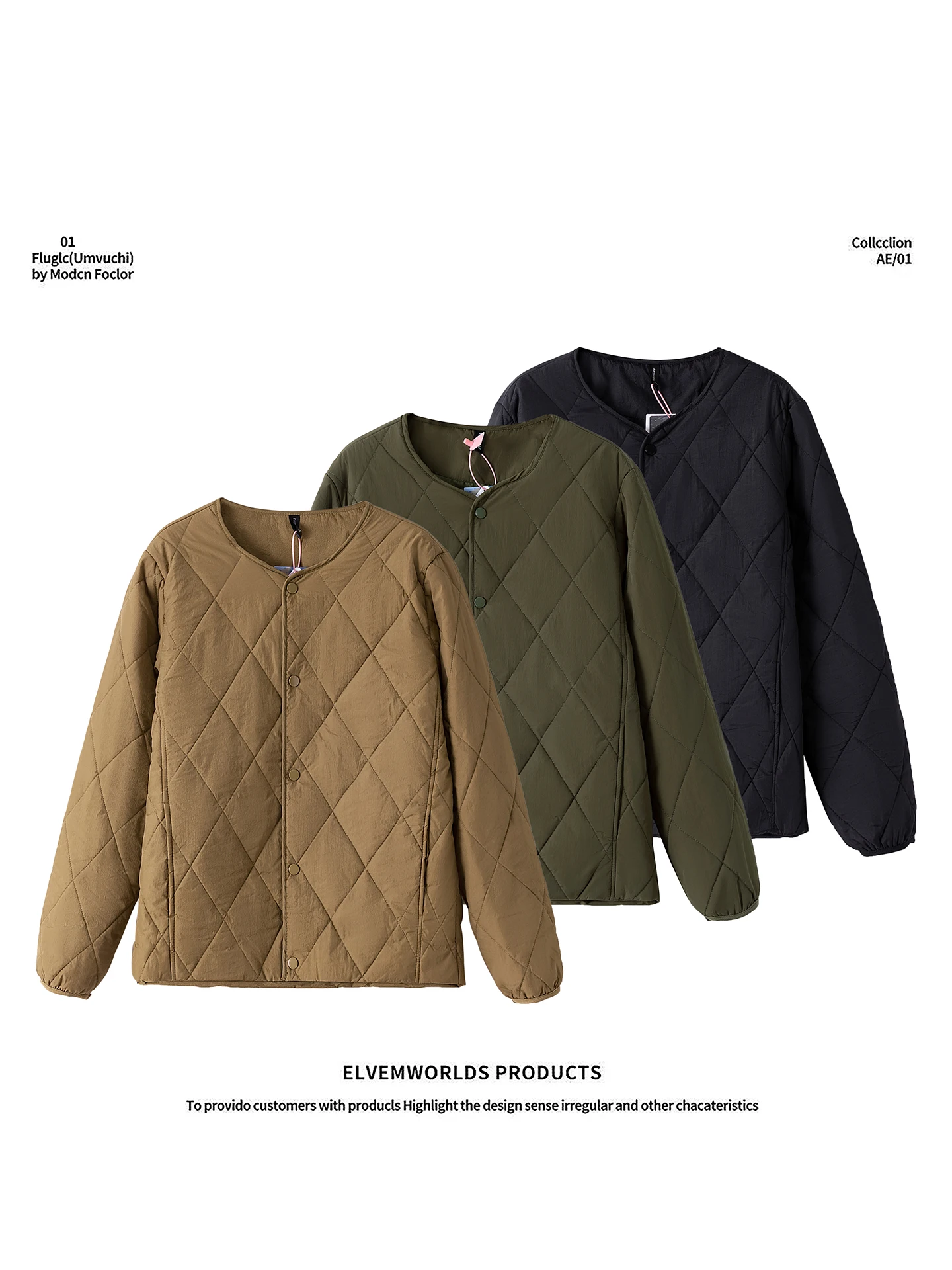 

Lightweight Cotton Jaet Diamond Pattern Quilted Windproof Warmth No Collar Men's Autumn Winter Faion Casual Outerwear
