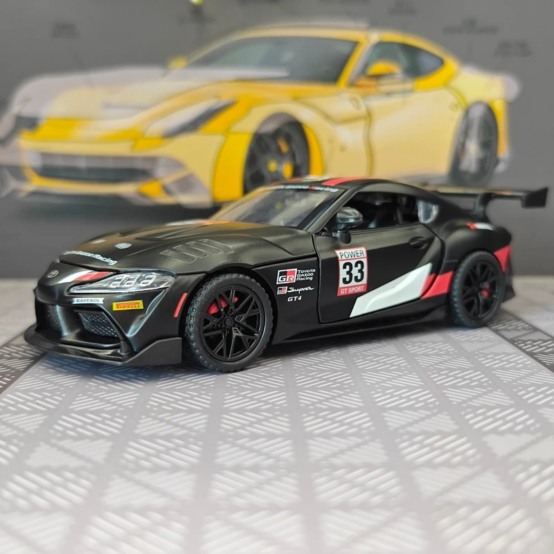 1:32 Toyota Supra GT4 alloy car model doors and the front hood and trunk door can be opened has simulated sound and lighting