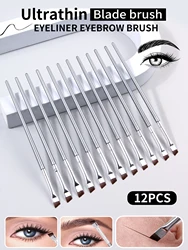 12pcs silvery Super Thin Blade Eyeliner Brush & Soft Makeup Brush Set, Portable Eyebrow Brush & Multipurpose Cosmetic Tool