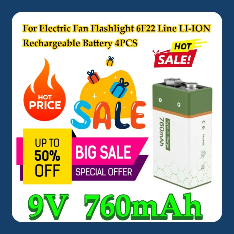 

For Electric Fan Flashlight 6F22 9V 760mAh+USB Fast Charging Line LI-ION Rechargeable Battery 4PCS