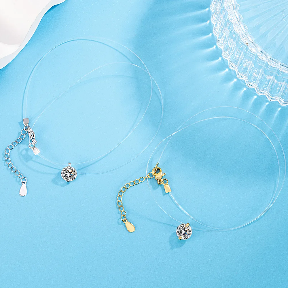 Fashion Shiny Zircon Pendant Necklace Transparent Invisible Fish Line Choker for Women Simple CZ Crystal Clavicle Chain