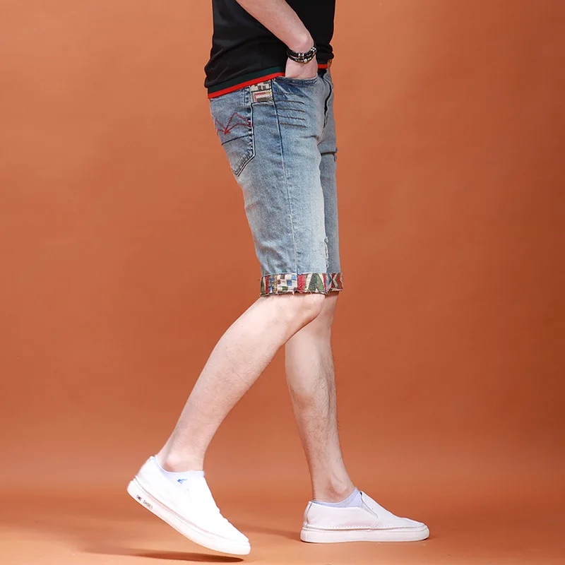 Gescheurde Geborduurde Jeans Shorts Heren Zomer Dunne Ademende Slanke Stretch Fashion Street Personality Retro High-End Denim Capri 'S