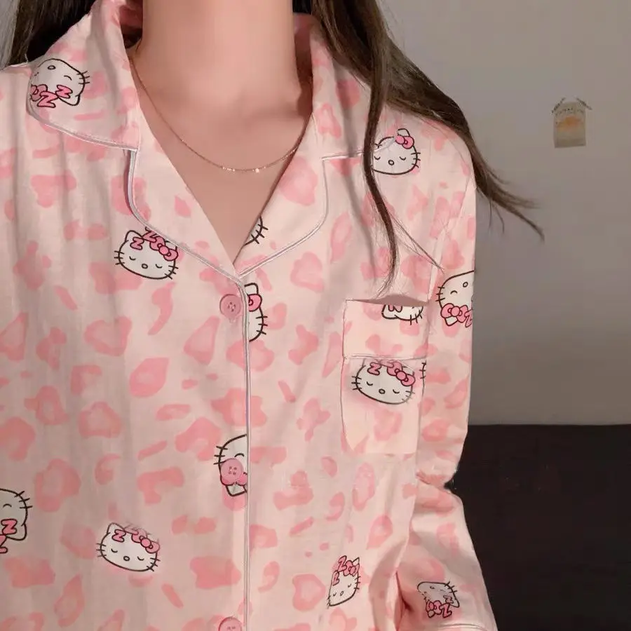 

Пижама с леопардовым принтом Hello Kitty, пижамный брючный костюм, весенне-осенний повседневный кардиган, домашняя одежда с длинными рукавами, костюм для женщин, хит продаж