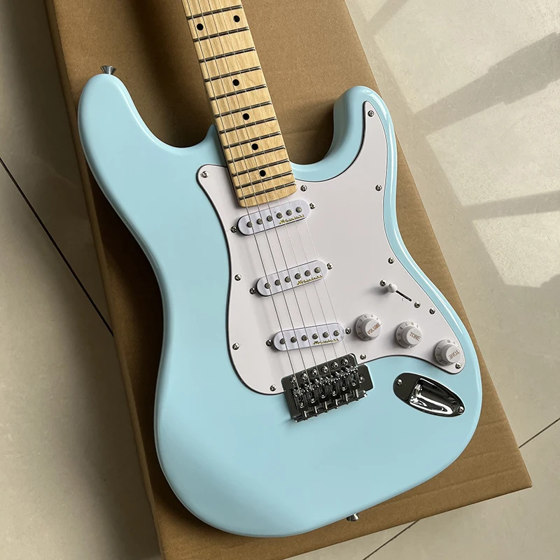 Classic ST electric guitar, high quality vibrato system, light blue surface, professional solid wood, free door-to-door delivery