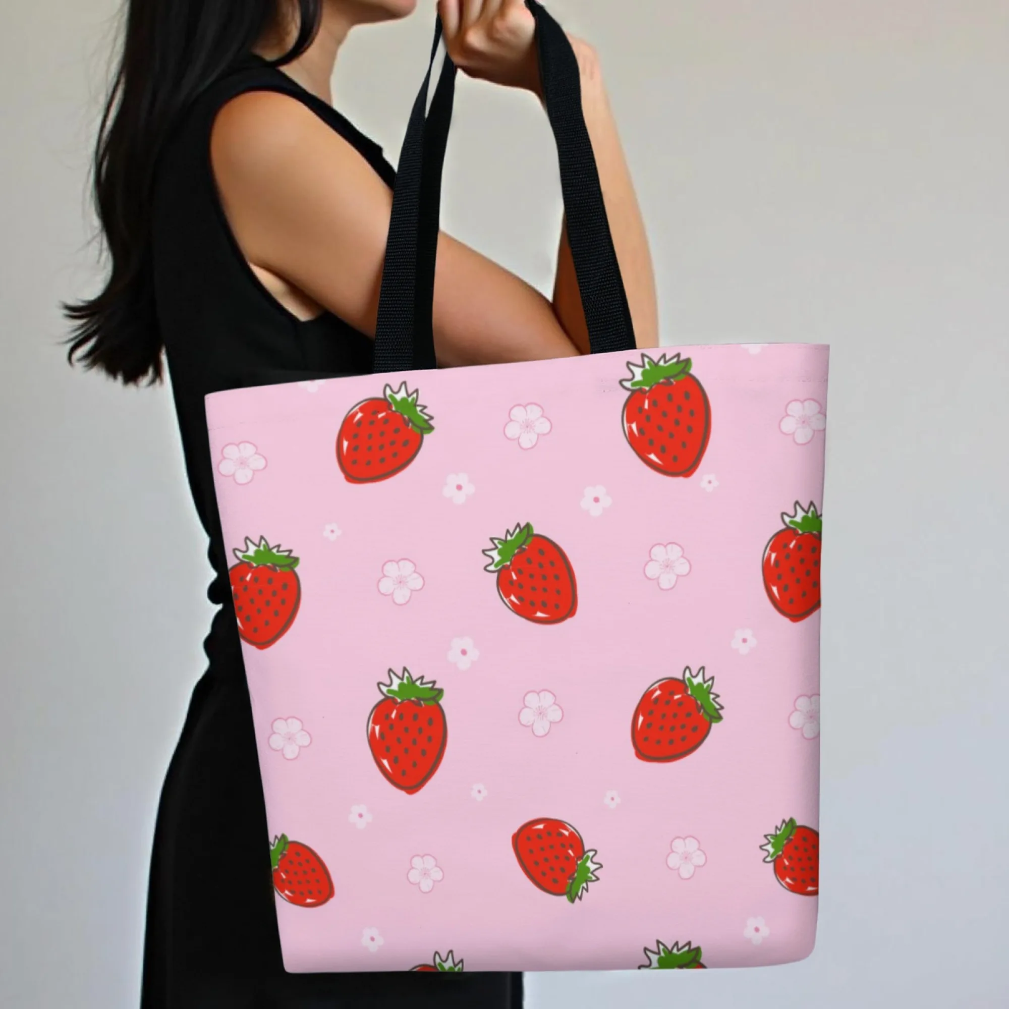 Women's Minimalist Sweet Strawberry-Floral Canvas Tote Bag Pink Fruit-Flower Reusable Shopping for Daily Use Work & Street