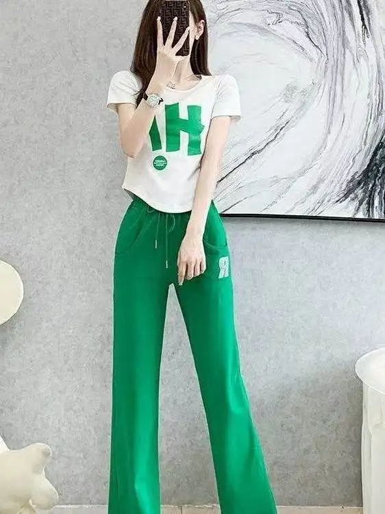 

Fashionable Anti-Aging Thin Set Pink Pants 2026 Dancing Clothes Adult Stylish Slimming Two-Piece Set round Neck Short Sleeve
