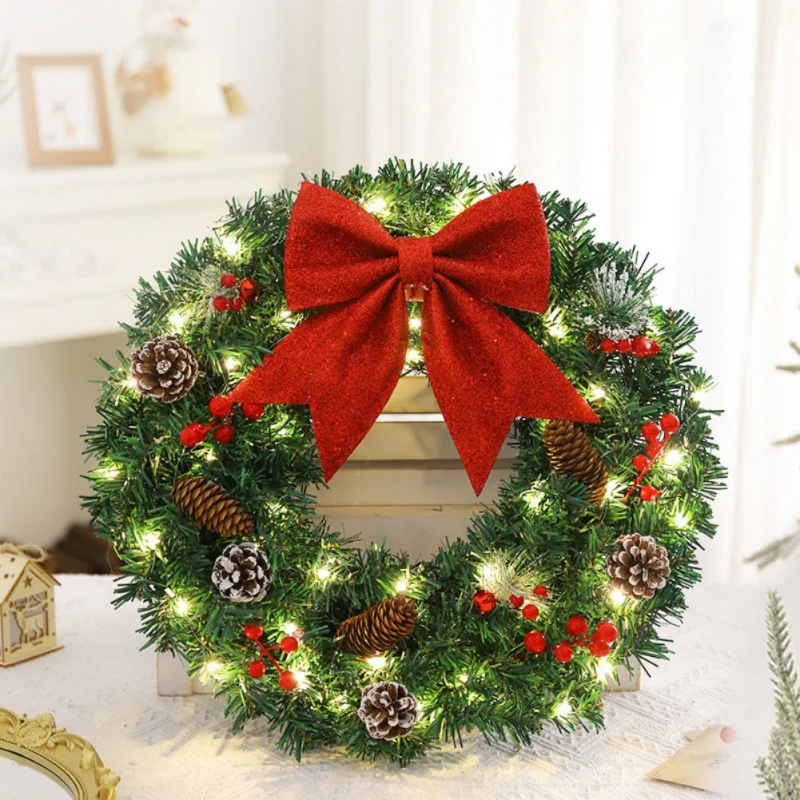 40/50/60CM Artificial Wreath Hanging Decor Garland with Pine Cones Berry Spruce with Red Ribbon Bow Christmas Decorations ﻿