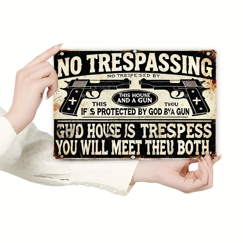 Letrero de metal vintage No Trespassing God and Guns - 7,8 x 11,8 pulgadas Arte de pared interior/exterior para decoración del hogar, oficina, bar, garaje