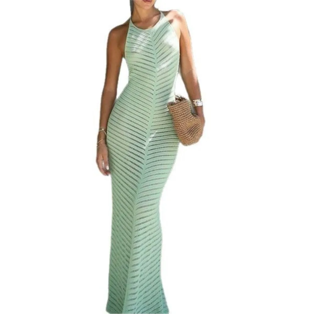 Frauen Gestrickte Hohl Neckholder Engen Hosenträger Langes Kleid Trendy Einfarbig Temperament Vestido Durchsichtig Spitze Neckholder