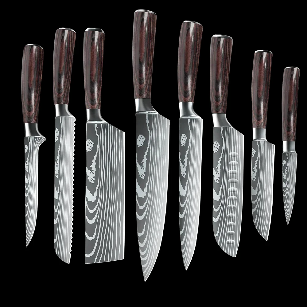 

MDHAND 8 PCS Kitchen Knives Set Stainless Steel 7CR17 440C Laser Damascus Japanese Santoku Cleaver Slicing Utility Chef Knife