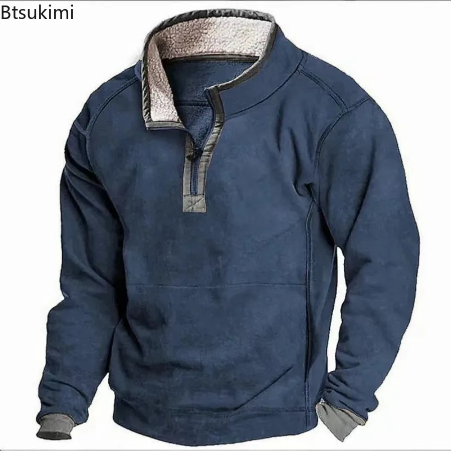 2025 Autumn Winter Men's Fashion Splice Suede Hoodies Stand Collar Windproof Warm Pullover Tops Male Vintage Casual Sweatshirts