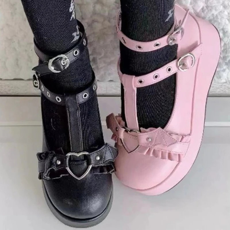 2024 New Heart-Shaped Buckle Platform Lolita Shoes Woman Metal Decoration Fashion Mary Jane Shoes Trend Elegant Shoes for Women