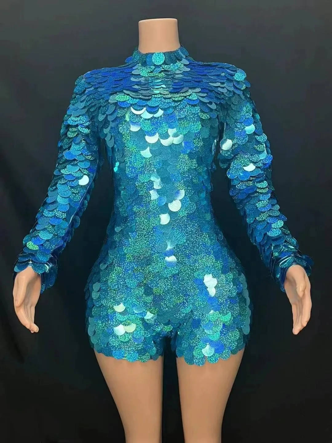 

Blue Gold Laser Sequins Bodysuit Long Sleeve Performance Wear Birthday Party Festival Clothing Drag Queen Show Outfit