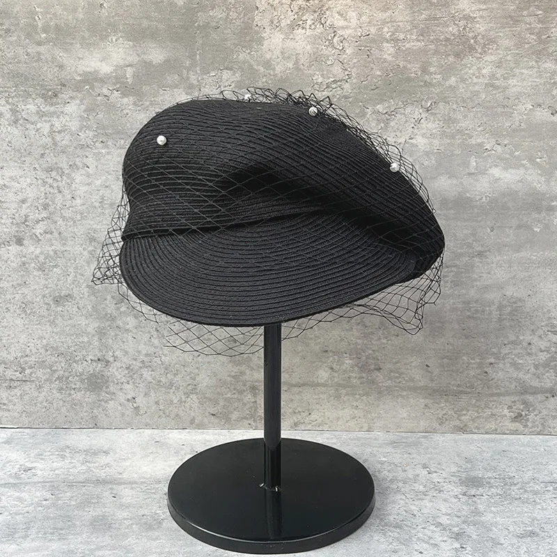 Elegant mesh pearl beret Newsboy hat Japanese pleated cap Women\'s summer outing sun-protected straw hat niche equestrian hat