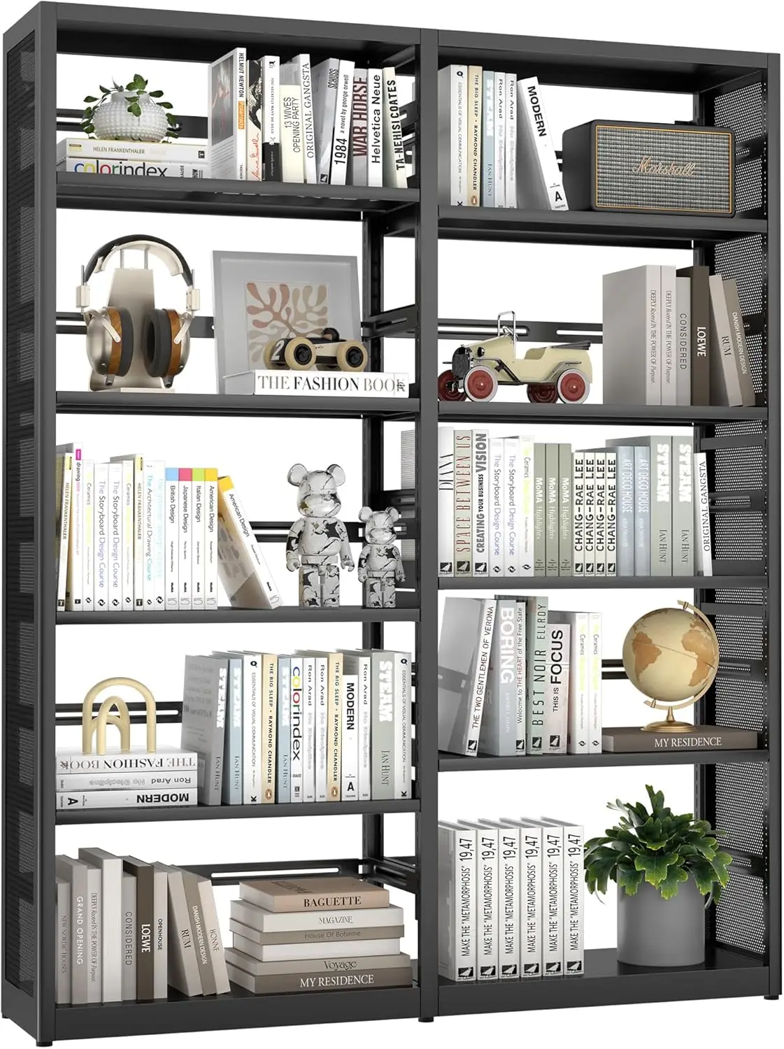 Large 5 Shelf Bookcase, Metal 5 Tier Bookshelf With Bookends, 54 Inch Wide Book Case, Tall Book Shelf Organizer, Black