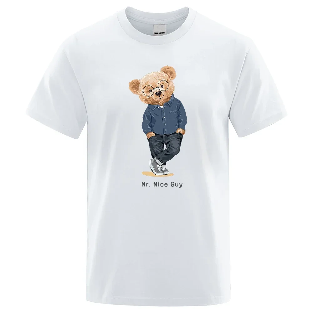 

Gentleman Mr. Teddy Bear Nice Guy Prints Men Short Sleeve Street Cotton T-Shirts Loose Oversized Clothing Casual Breathable Tees