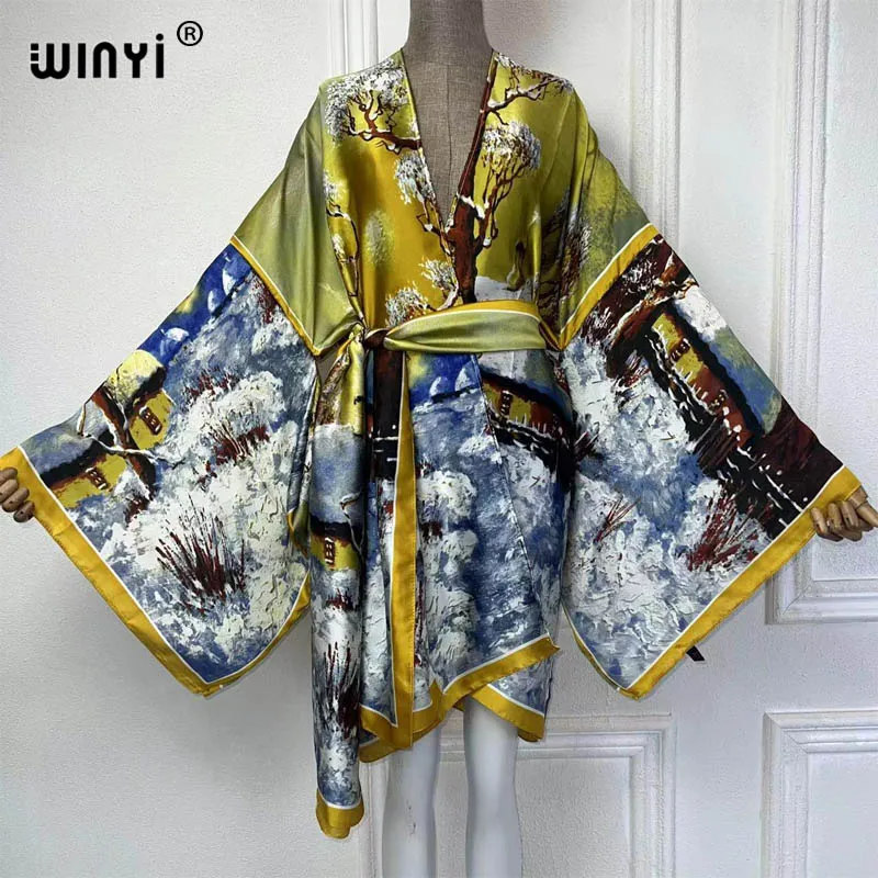 WINYI Kimono  African Boho print dress Summer beach wear women Cardigan Holiday long Sleeve silk feeling beach outfits for women