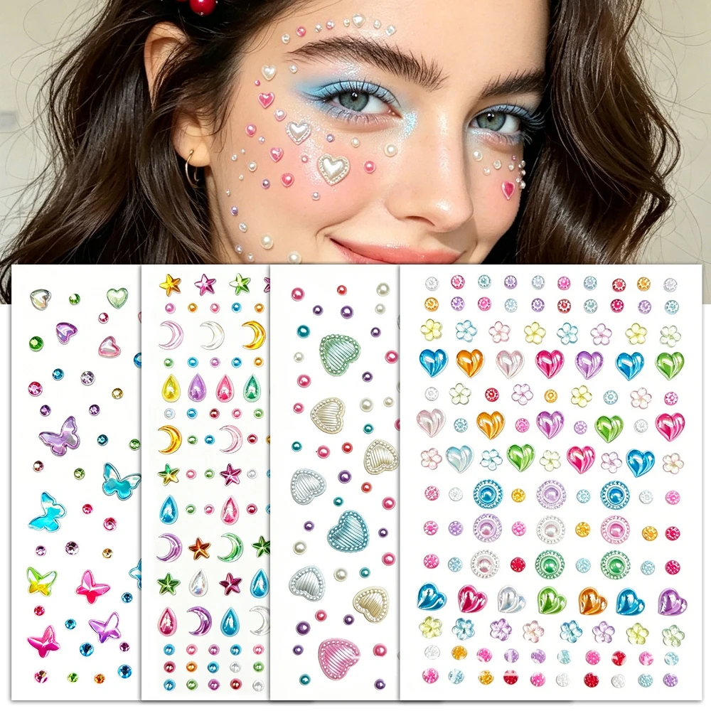 3D facial makeup flash diamond makeup stickers 3D colorful Aurora Butterfly Love Gemstone Crystal Diamond Stickers Holiday Party