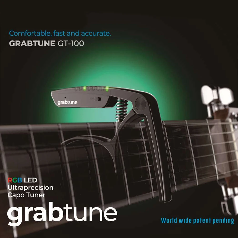 Grabtune Acoustic Guitar Capo-Tuner 2 In 1 Equipment Precise and Accurate Tuning System Full Color LED Display USB Rechargeable