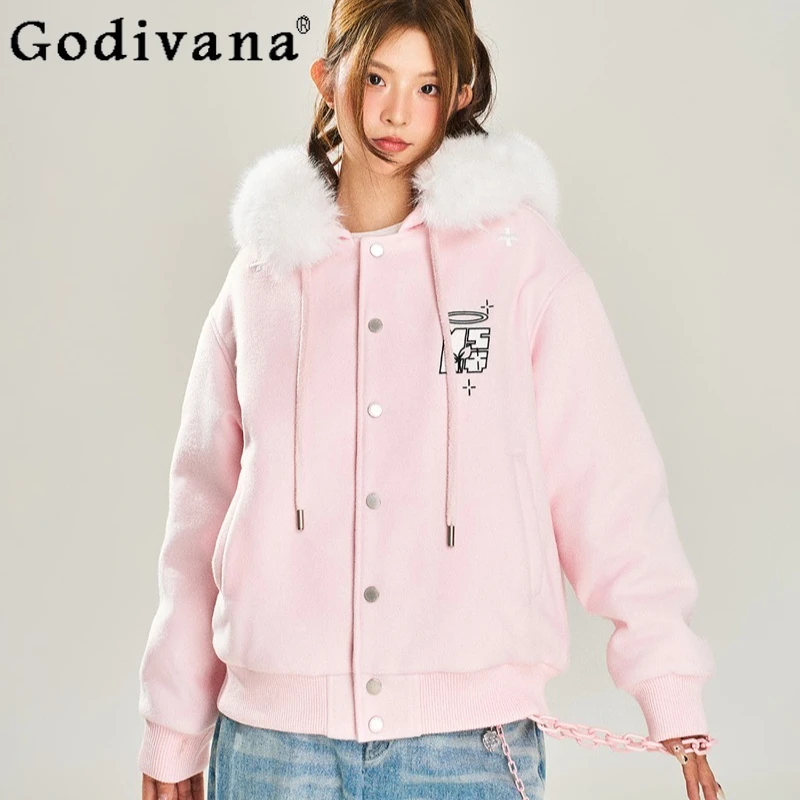 سترات مطرزة غير رسمية متعددة الاستخدامات للنساء على الطراز الياباني معطف صوف مبطن من القطيفة سترات نسائية وردية فضفاضة عالية الشارع #1