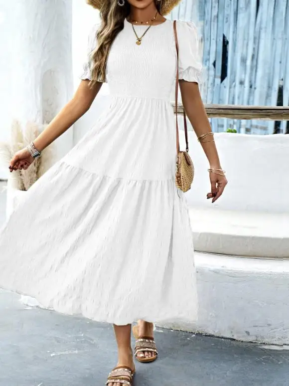 

2025 Spring/Summer New Women's Fashion Leisure Vacation Wind Lotus Leaf Sleeve Waist Women's Long Skirt Women's Clothing