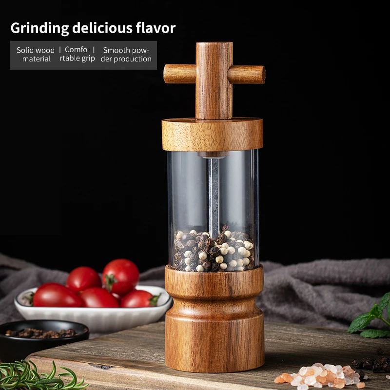 Natural acacia Wood Salt Pepper Mill Manual Abrader Refillable Adjustable Coarseness Manual Pepper Grinder