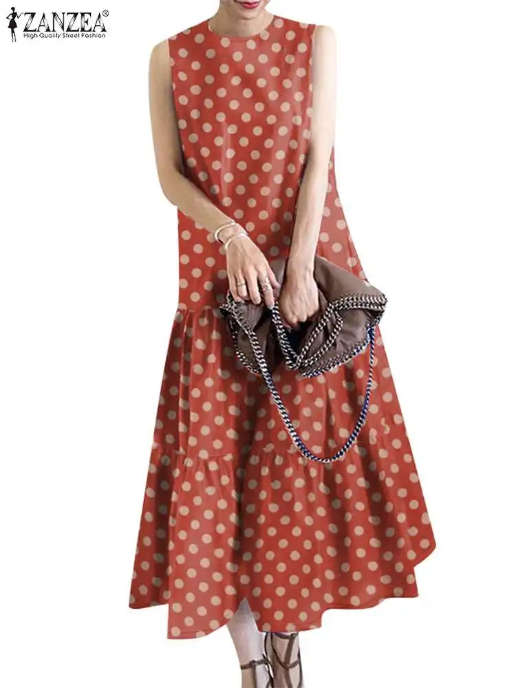 ZANZEA-Robe mi-longue imprimée à pois pour femmes, robe de vacances, bohème, vintage, fête, mode, volants, été, 2024