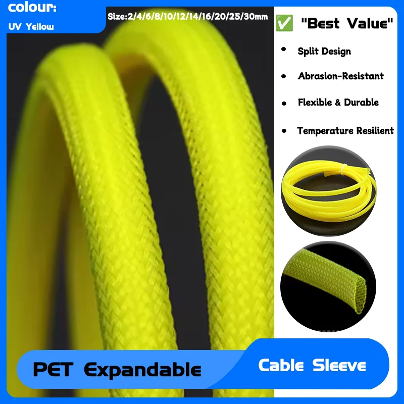 

High Density Protect Snake Skin Wrap Sheath For Electric Cables 1~50m UV Yellow PET Braid Sleeve 2/4/6/8/10/12/14/16/20/25/30mm