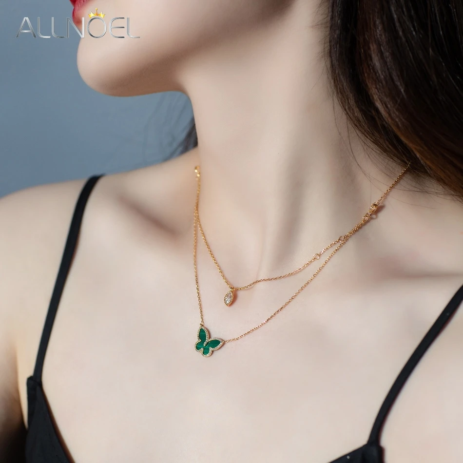 ALLNOEL Natural Malachite 925 Sterling Silver Necklace For Women 50cm Butterfly Green Gemstone Elegant Anniversary Gifts Jewelry