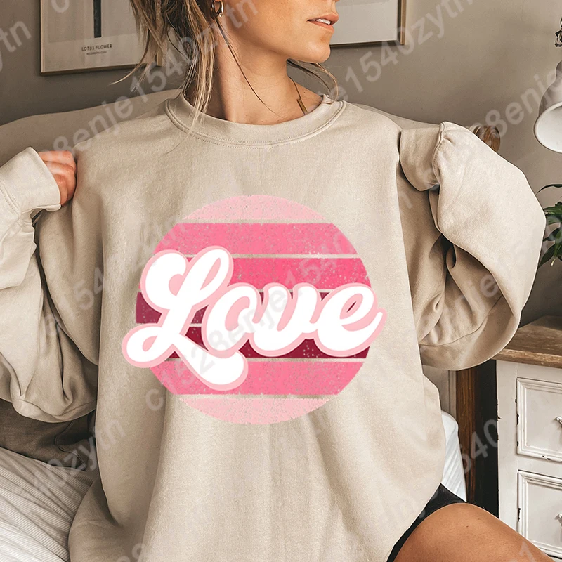 Autumn Winter Tops Popular Valentine's Day Love Print Round Neck Sweatshirts Women Hot Selling Clothing Loose Hoodless Pullovers