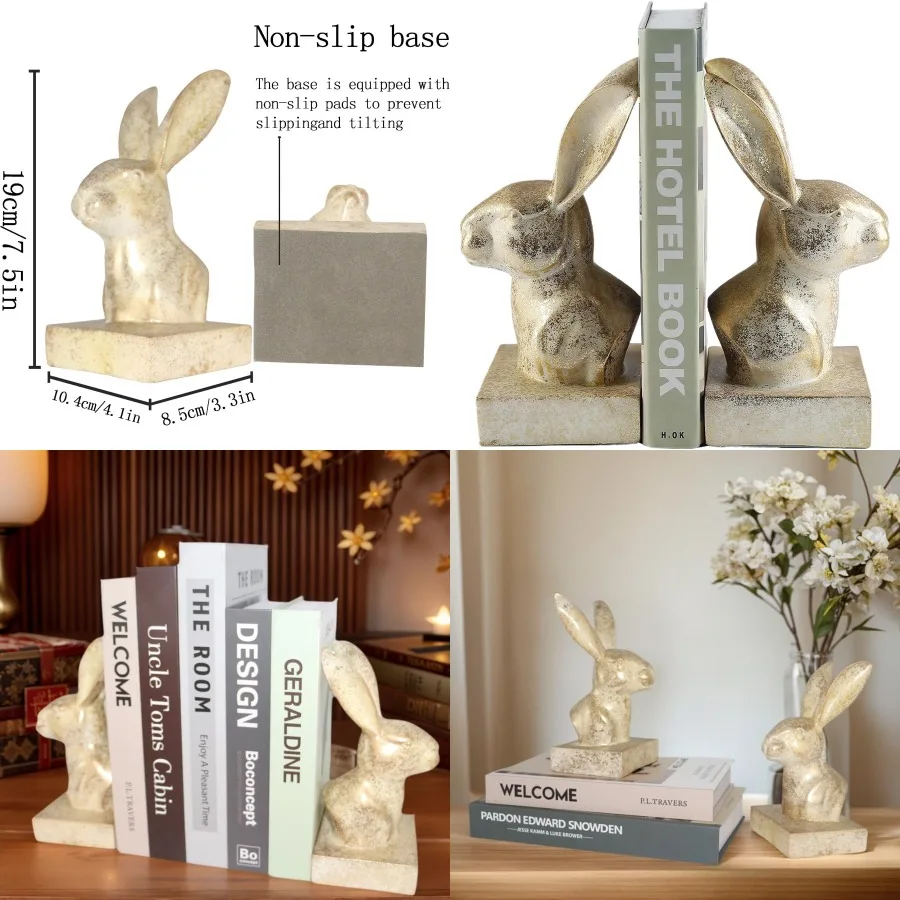 

Rabbit Decorative Bookend 1 Pair Cute Bunny Book Ends for Heavy Books Vintage Shelf Decor with Antique Gold Finish Stylish and