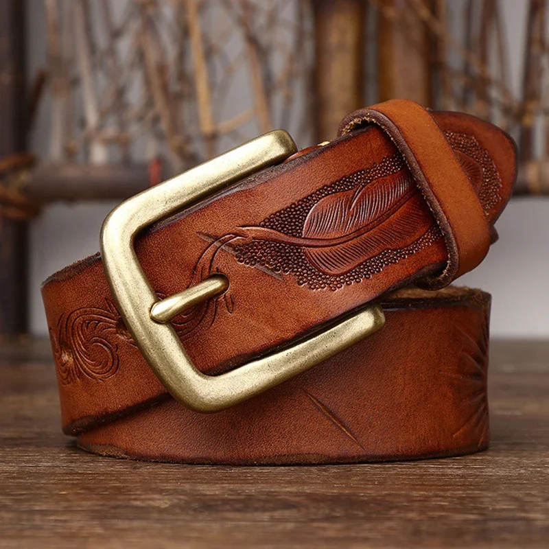38-センチメートル純粋な牛革本革男性ヴィンテージレジャー真鍮バックルベルトカウボーイウエストバンド男性彫刻ウエスタンジーンズストラップ