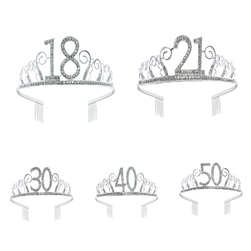 18/21/30/40/50/60 Birthday Party Decorations Adult Birthday Princess Crown Headband Crystal Tiara Women Crown Hair Accessories