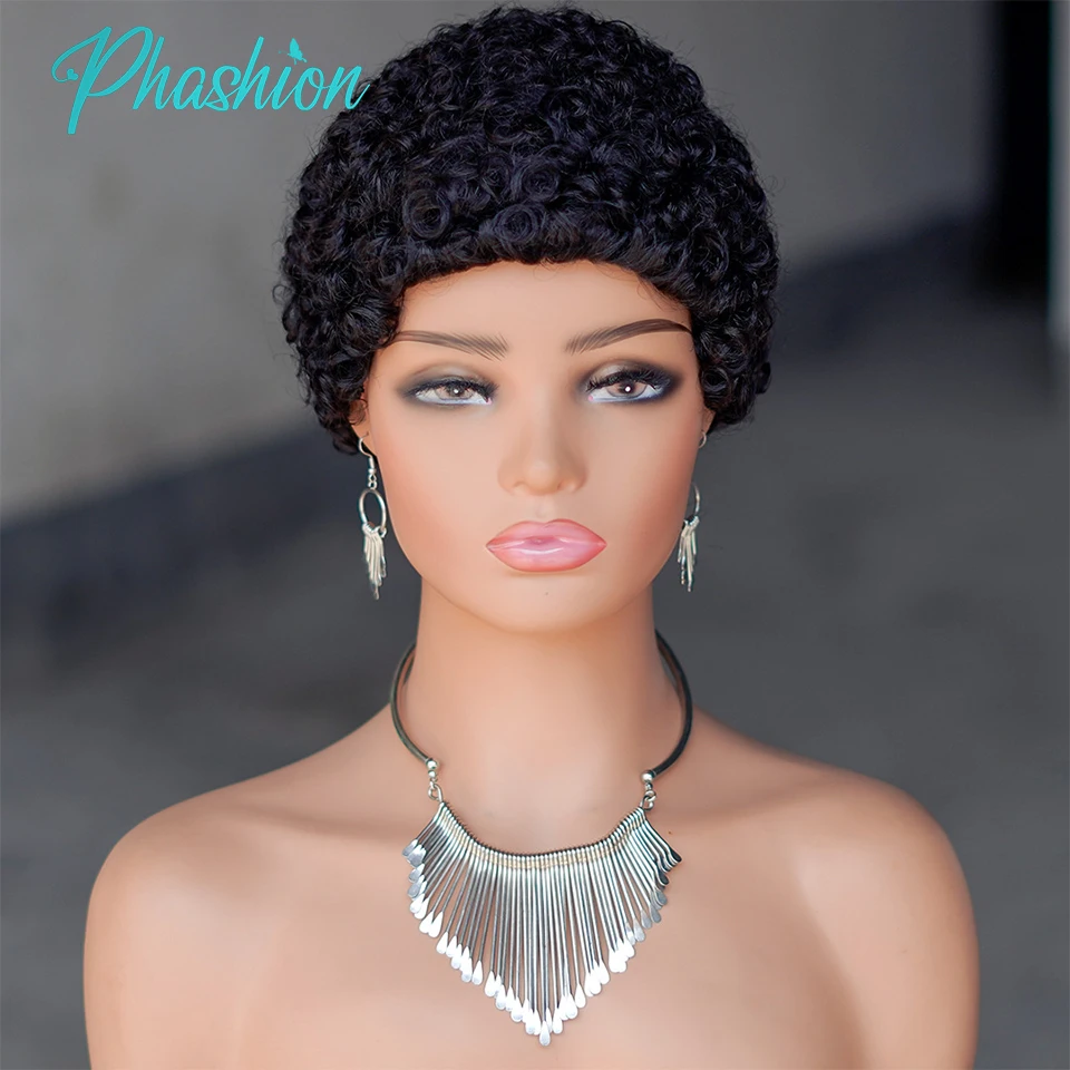 Phashion Pixie Cut Wigs 1B/99J/#4/#30/#27 Short Curl Wig Brazilian Remy Cheap Full Machine Made 100% Human Hair Wear And Go