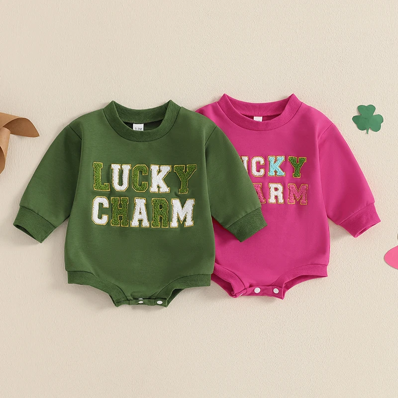 Newborn Infant Baby Girls Sweatshirt Romper Letter Embroidered Cotton Casual Long Sleeve Round Neck Irish Jumpsuits