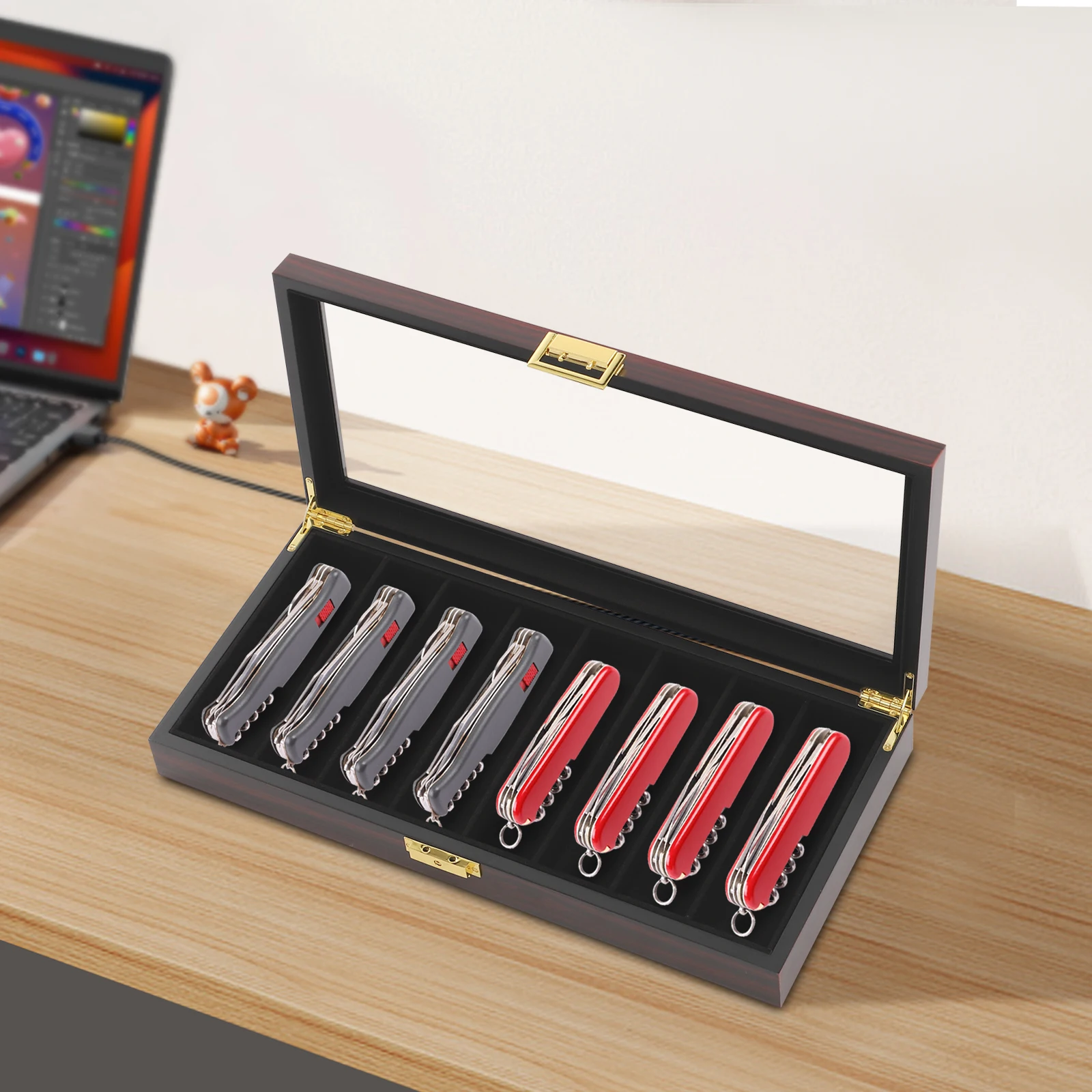 علبة عرض السكاكين، صندوق تخزين السكاكين، علبة عرض السكاكين، صندوق جمع منظم، زجاج معدني، فلنلت، لون الجوز/أسود