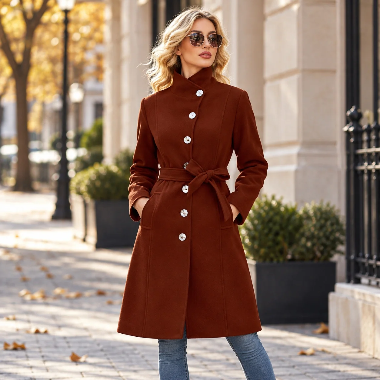 Button Front Stand Collar Coat Regular Fit Casual with Long Sleeve Extended Length British Style Thick Women Autumn Coat