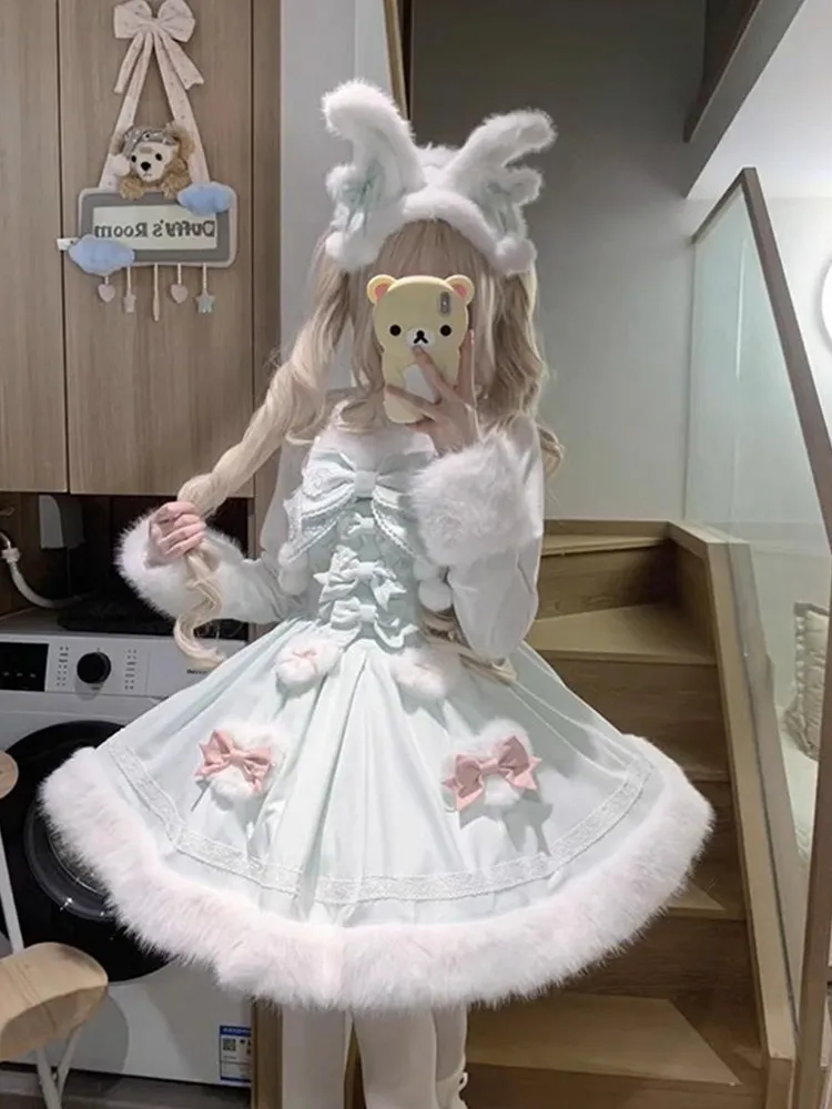 

Милое и милое модное толстое теплое пальто, плюшевая накидка с платьем Лолиты, модные элегантные зимние комплекты из 2 предметов, женские наряды